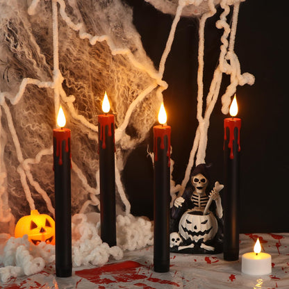 Wondise Halloween Flameless Taper Candles with Remote and Timer, Battery Operated 3D Wick Flickering with Blood Dripping Halloween Candles for Spooky Horror Home Halloween Decoration