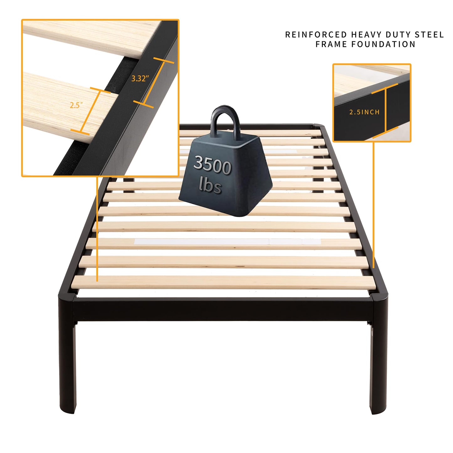 MAF Metal 18 Inch Twin Platform Bed Frame with Anti-Collision Round Legs, Black 3500 Lbs Heavy Duty Bed Frame with Wood Slats, No Box Spring Needed, Easy Assembly