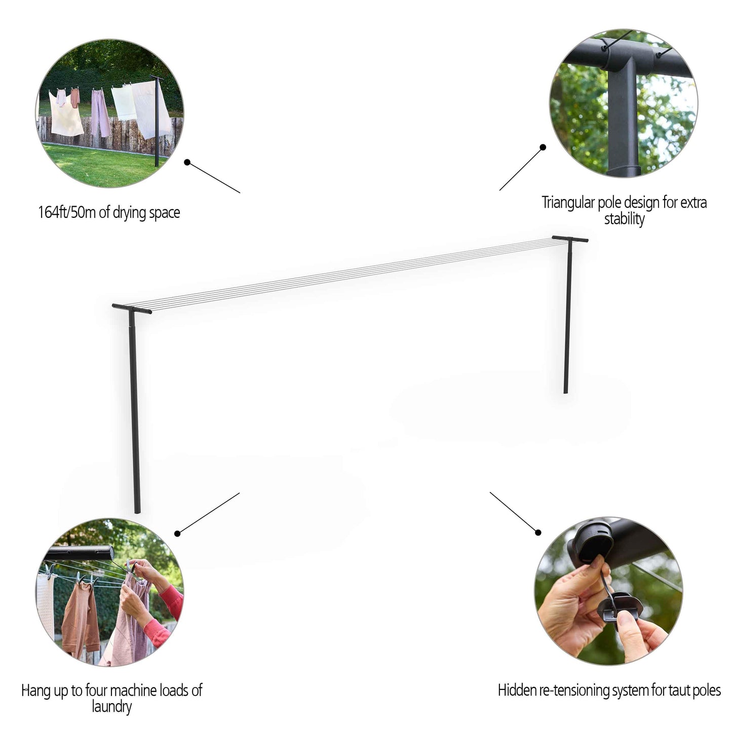 Brabantia Hangout Clothesline with Aluminium Poles 164ft/50m (Black), Washing Line for Outdoor Use, Clothing Line for Airing Laundry