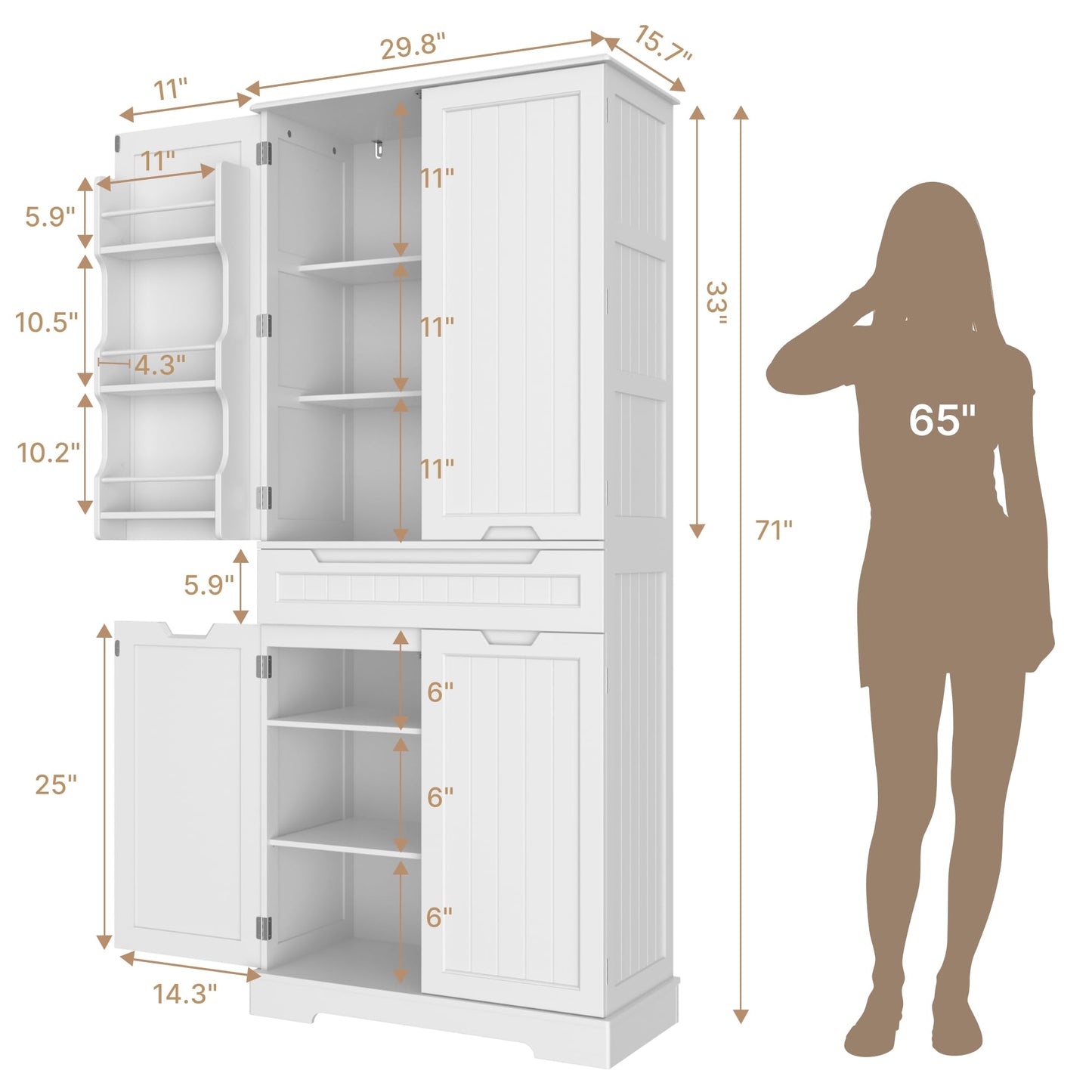 Gizoon 71" Tall Kitchen Pantry Cabinet with Doors and Adjustable Shelves, Pantry Storage Cabinet with Drawer Freestanding Organizer for Small Kitchen Bathroom Laundry Room, Painted White