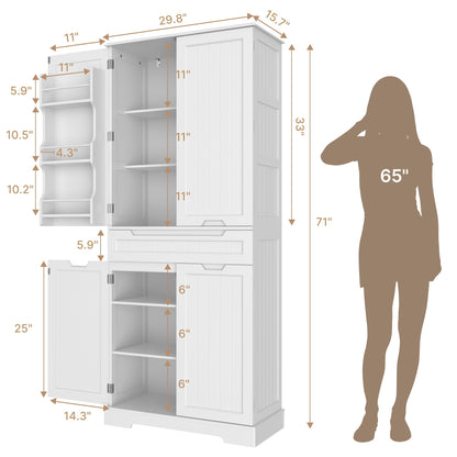 Gizoon 71" Tall Kitchen Pantry Cabinet with Doors and Adjustable Shelves, Pantry Storage Cabinet with Drawer Freestanding Organizer for Small Kitchen Bathroom Laundry Room, Painted White