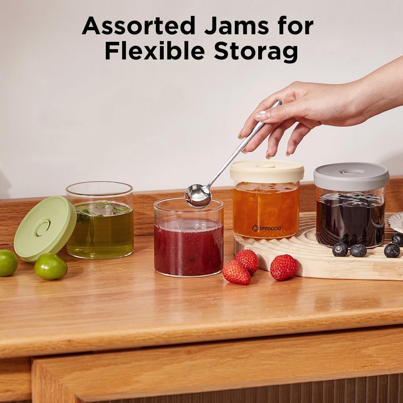 Spreccio Glass Food Jars - Airtight Dressing Containers with Lids, Perfect for Sauces, Overnight Oats, and Baby Food Storage, Small Glass Jars with Lids, 10oz Pack of 4