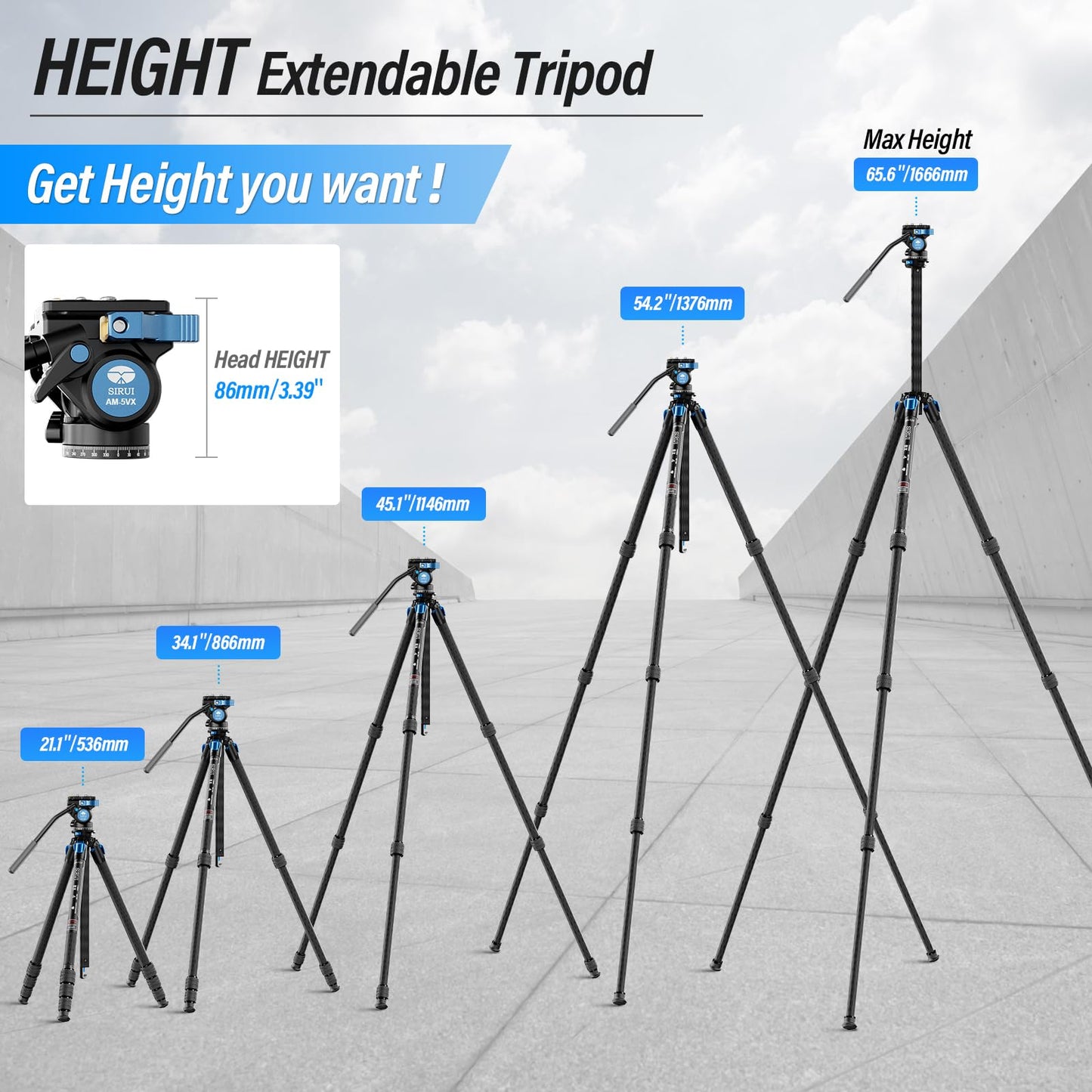 SIRUI AM-124 Carbon Fiber Tripod with AM-5VX Fluid Head, 65.6“ Compact Video Camera Tripod for Travel, Triangular Center Column, Side Loading QR Plate, Waterproof Twist Lock, Loads 6.6lbs