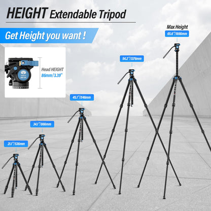 SIRUI AM-124 Carbon Fiber Tripod with AM-5VX Fluid Head, 65.6“ Compact Video Camera Tripod for Travel, Triangular Center Column, Side Loading QR Plate, Waterproof Twist Lock, Loads 6.6lbs