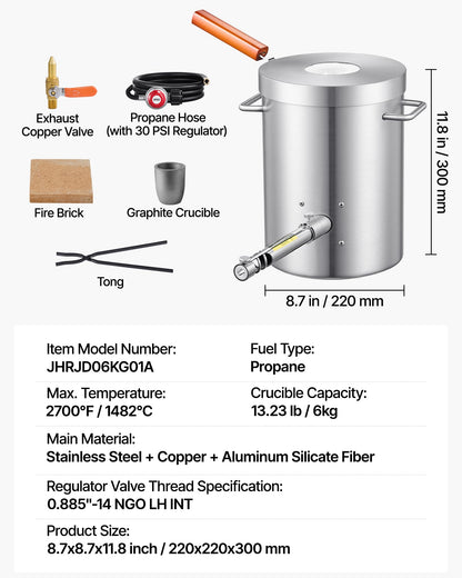 VEVOR 6KG Propane Melting Furnace Kit, Large Capacity Foundry Home Kilns, Blacksmithing Forge with Crucible & Tongs Kiln, Stainless Steel, for Metal Scrap Recycle, Gold Copper Silver Casting