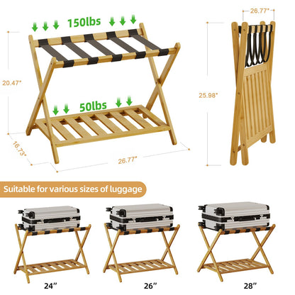BAMBOOHOMIE Full Assembled Luggage Rack Set of 2, Bamboo Luggage Holder Rack for Guest Room, 26.77" L Folding Suitcase Stand with 5 Nylon Straps & Storage Shelf for Bedroom Hotel (2 Pack - Natural)