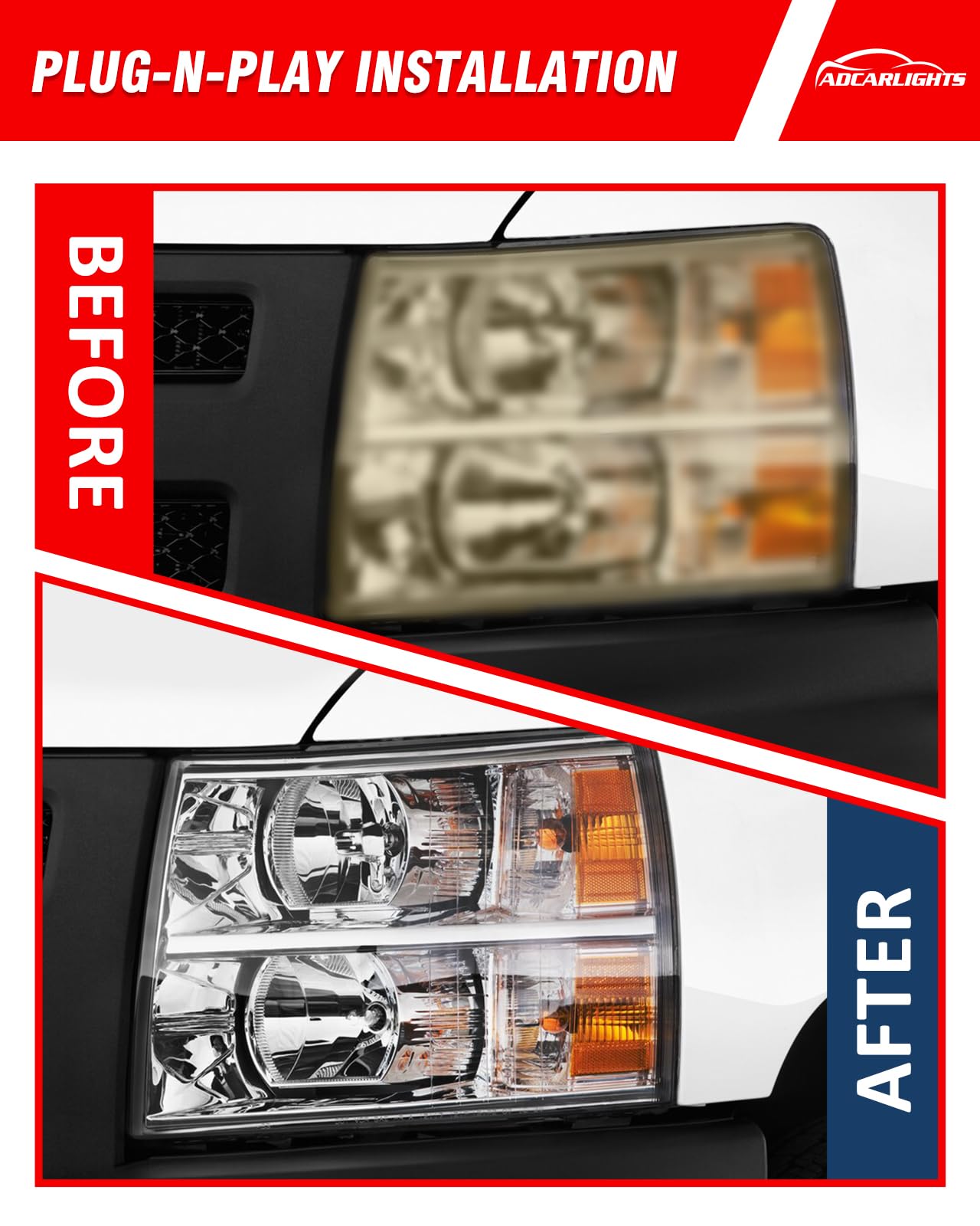ADCARLIGHTS Headlight Assembly for 07-13 Chevy Silverado 1500/07-14 2500HD 3500HD OE Fit IP65 Waterproof 200% Brighter Halogen Headlamp Left+Right Chrome Clear（W/O Bulbs）