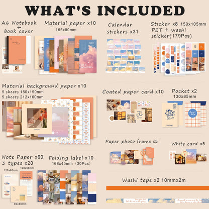 Draupnir Aesthetic Scrapbook Kit(348pcs), Bullet Junk Journal Kit with Journaling/Scrapbooking Supplies, Stationery,A6 Grid Notebook with Graph Ruled Pages DIY Scrapbook Gift for Teen Girl Kid(Sunset)