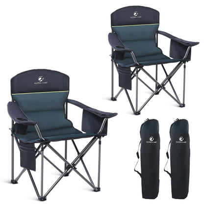 LET'S CAMP Oversized Folding Camping Chair Portable Outdoor Heavy Duty Padded Chairs Lawn Chair with Cup Holder, Storage Pocket and Cooler Bag, Supports 450LBS, for Camp, Travel, Picnic,2 Pack(Green)