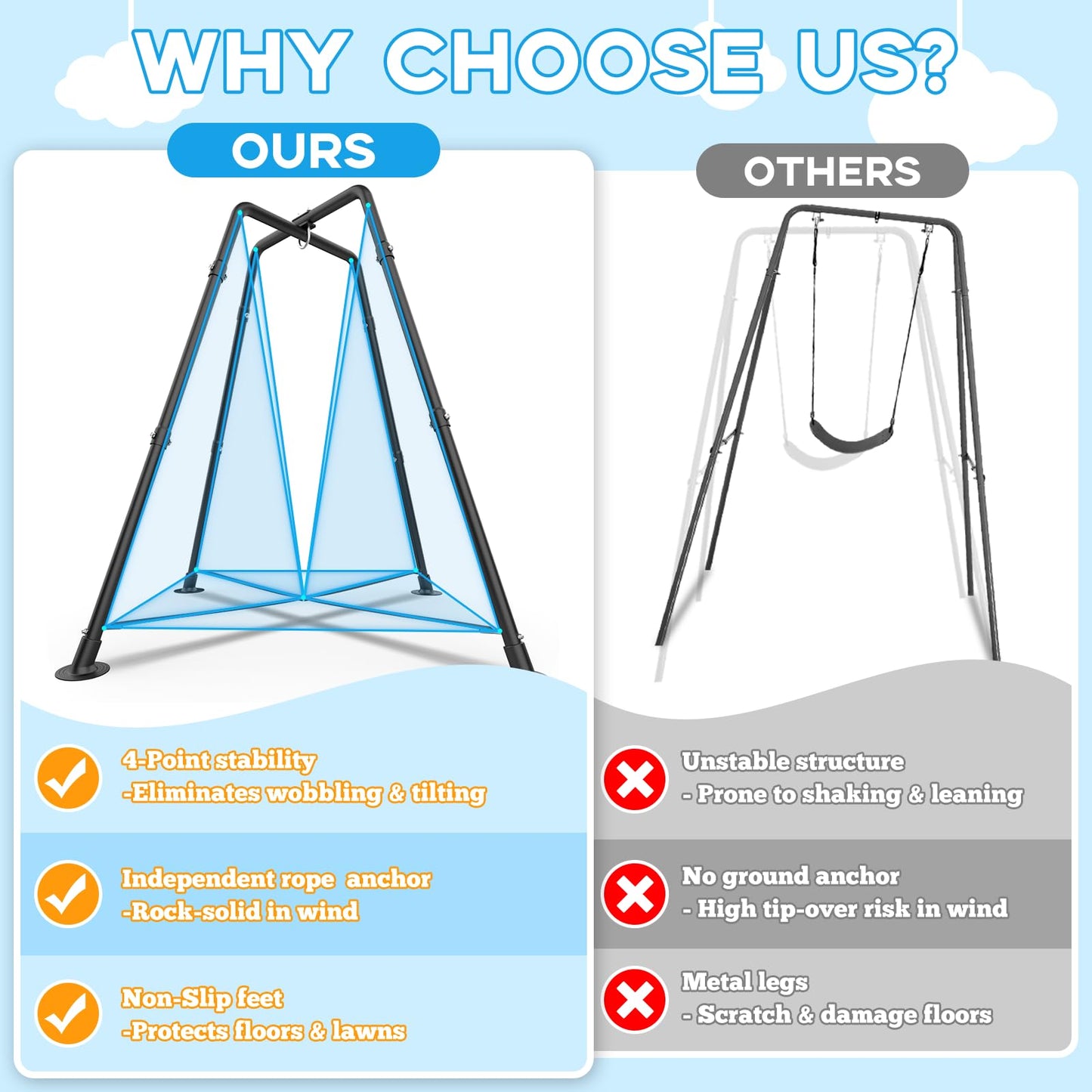 Swing Set with Tent Swing, Hanging Tree Tent w/Swing Frame, X-Shaped Swing Stand with Tent Swing, Tent Swing Chair, 330 lbs, w/Rainbow Lights String, Indoor Outdoor Use (Light Blue)
