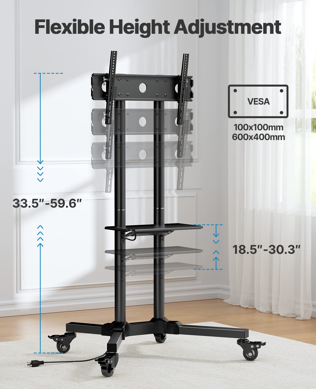 HUANUO Rolling TV Stand with Power Outlet, Mobile TV Cart for 32-85 Inch Flat/Curved TVs, Tilt & Height-Adjustable TV Cart on Wheels Holds 132 lbs, Max VESA 600x400mm HNTVMC01