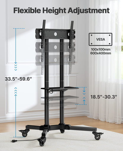 HUANUO Rolling TV Stand with Power Outlet, Mobile TV Cart for 32-85 Inch Flat/Curved TVs, Tilt & Height-Adjustable TV Cart on Wheels Holds 132 lbs, Max VESA 600x400mm HNTVMC01