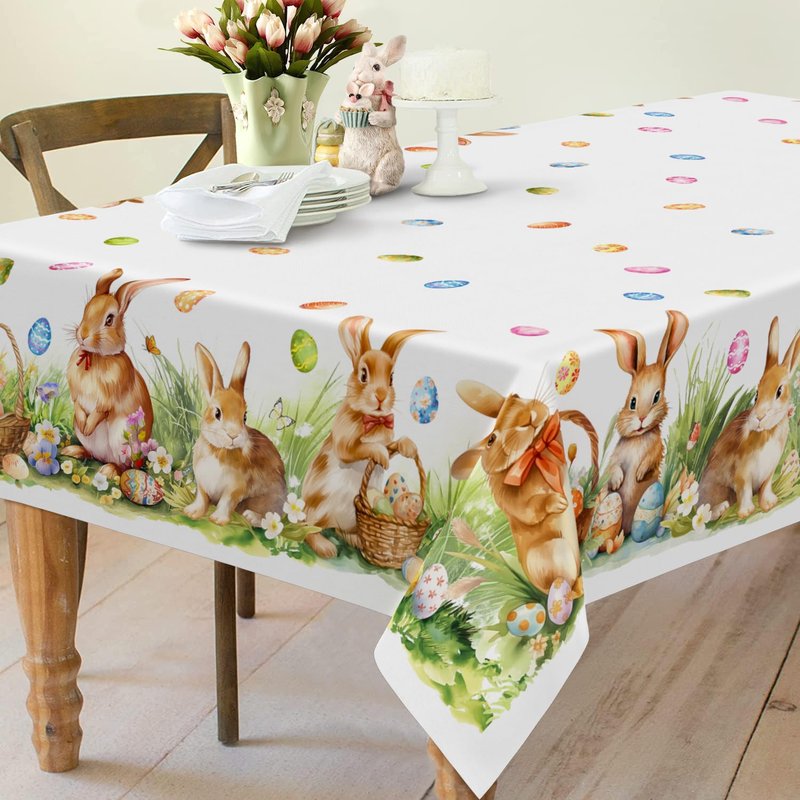 Roszwtit Spring Easter Tablecloth, Easter Eggs Bunny Floral Table Cloth Waterproof, Spring Rabbit Flowers Kitchen Table Decor for Dining Holiday Party 60x84 Inch Rectangle