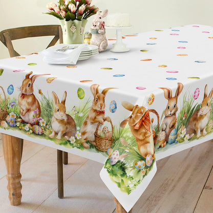 Roszwtit Spring Easter Tablecloth, Easter Eggs Bunny Floral Table Cloth Waterproof, Spring Rabbit Flowers Kitchen Table Decor for Dining Holiday Party 60x84 Inch Rectangle