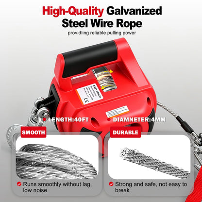 SENKEYFE Drill Powered Portable Winch 1000LBS, 40FT Portable Drill Winch w/D-Ring Strap & Tow Strap, New Anti-Twist Steel Wire Rope, Portable Handheld Drill Winch for Dragging Handling Trailer