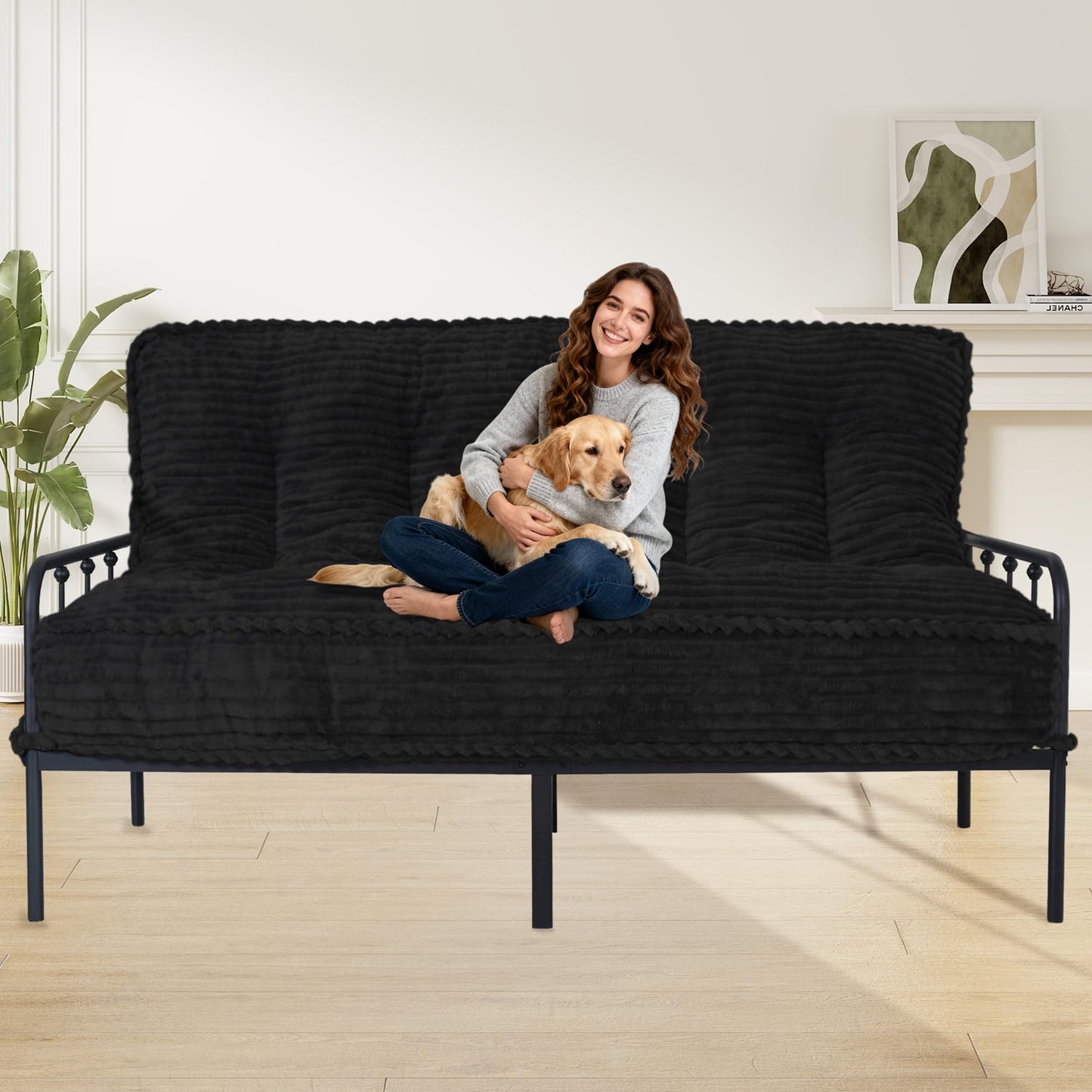 8” Futon Mattress Full Size 54” x 80”, Futon Sofa Couch Bed with Twisted Rope Design Edging, Extra Thick Corded Floor Futon Mattress Sleeping Mat for Adults, Camping, Dorm, Black(Frame Not Included)