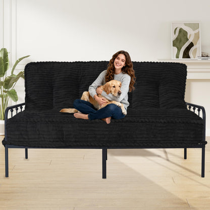 8” Futon Mattress Full Size 54” x 80”, Futon Sofa Couch Bed with Twisted Rope Design Edging, Extra Thick Corded Floor Futon Mattress Sleeping Mat for Adults, Camping, Dorm, Black(Frame Not Included)
