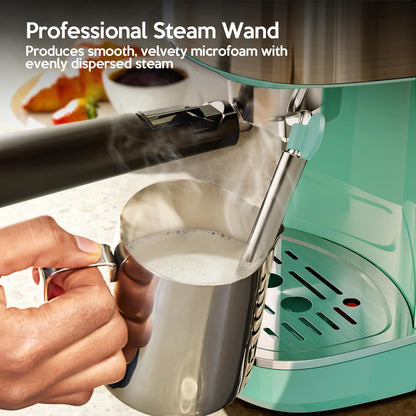 20 Bar Espresso Machine Semi-Automatic, Professional Coffee Maker with Milk Frother Steam Wand & 45OZ Removable Water Tank, Home Barista System for Cappuccino, Latte, Americano-Stainless Steel-Green
