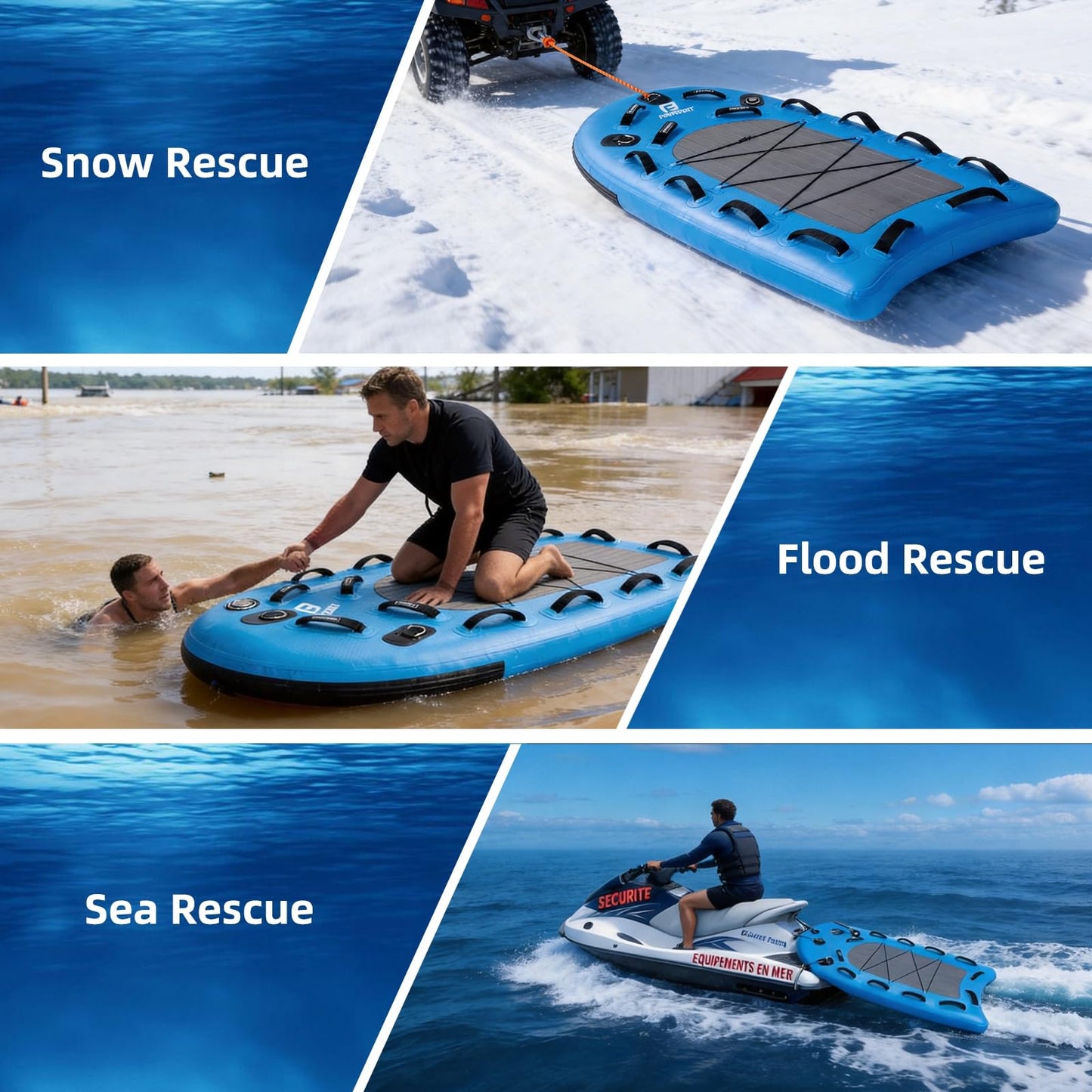 FBSPORT Inflatable Water Rescue Sled, Drop-Stitch PVC Rescue Board Floating Dock Platform Mat with Rapid Inflation, Portable 73"x39" Emergency Sled for Lakes, Oceans, Rivers, Surfing, Divers