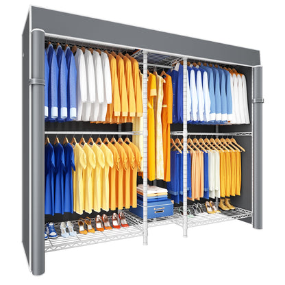 Ulif E12C Pro Heavy Duty Closet Organizer System，Freestanding Clothing Racks for Hanging Clothes，Adjustable Garment Rack 71"W x 16"D x 76.5"H Hold 960lbs，White Clothing Rack with Grey Dustproof Cover