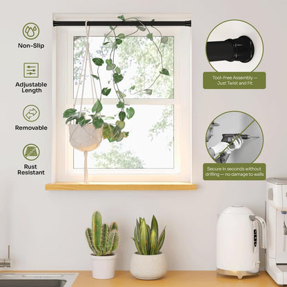 Bamworld Adjustable Window Plant Hanger - No Drill Expandable Indoor Planter Holder | 27''-51'' Black