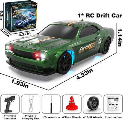 Mini RC Drift Car 1/43 2.4GHz RC Drift Cars with Gyro 4WD Full Proporitonal High Speed Remote Control Car with LED Lights and Drifting Tires Hobby Racing Cars for Adults Kids Boys Green
