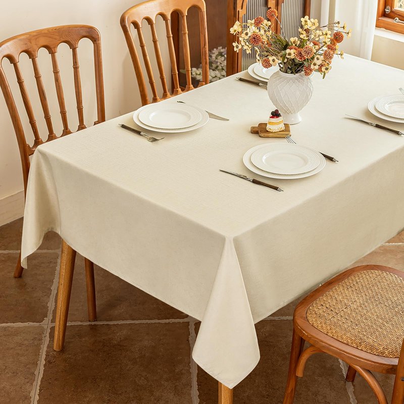 Seenus Wipeable Table Cloth fot 6 Foot Rectangle Tables, Textured Beige Fabric Rectangular Tablecloth for 8-10 Seats Dining Banquet Party, 60 x 102 Inch