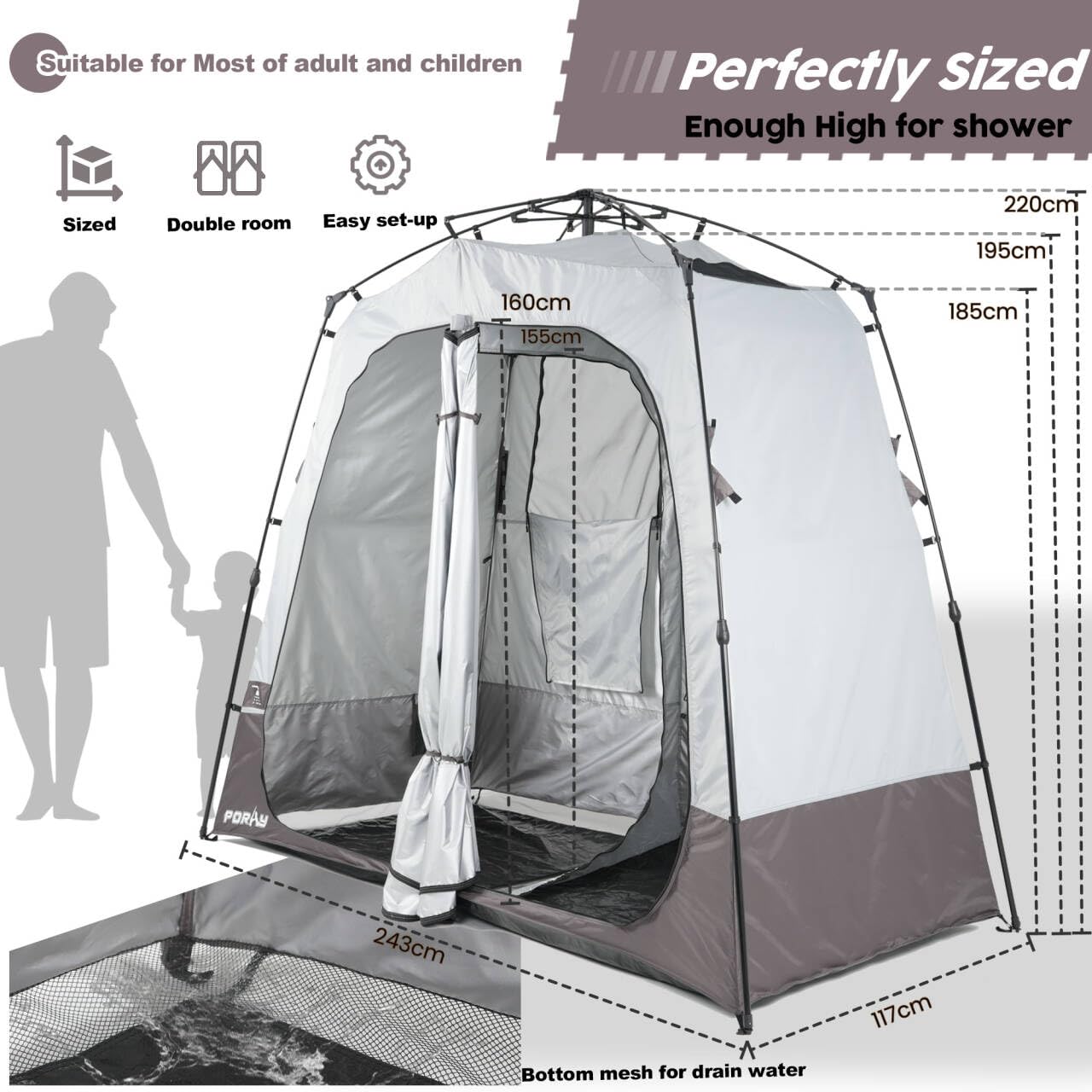 Porayhut Portable Camping Shower Tent Deluxe Changing Room Easy Set Up Privacy Shelter,Large Toilet Tent with Floor Drain Design for Beach, Camping,Hiking with 2 Rooms,Stakes and Ropes for Stability