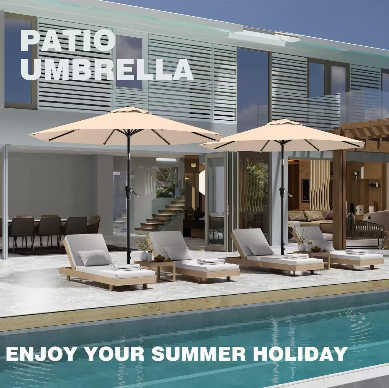 AreShark 9 FT Patio Umbrella - Outdoor Table Umbrella with Push Button Tilt & Crank | Beige, 8 Sturdy Ribs