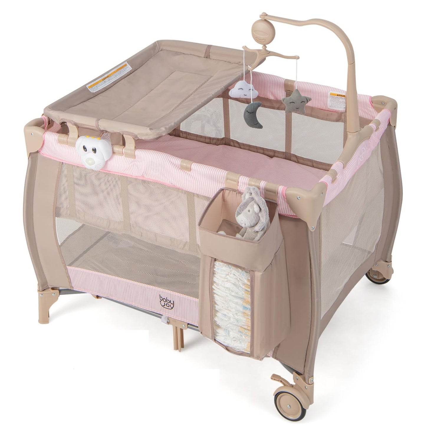 Costzon 3 in 1 Pink Pack and Play with Bassinet, Portable Baby Playard with Changing Table, Music Box, Hangings, Wheels/Brake, Basket, Foldable Infant Pink Bassinet Crib for Baby Girl Toddlers