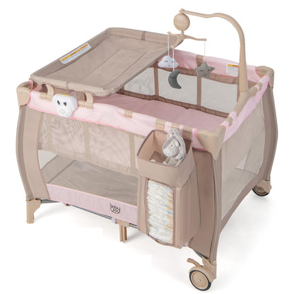 Costzon 3 in 1 Pink Pack and Play with Bassinet, Portable Baby Playard with Changing Table, Music Box, Hangings, Wheels/Brake, Basket, Foldable Infant Pink Bassinet Crib for Baby Girl Toddlers