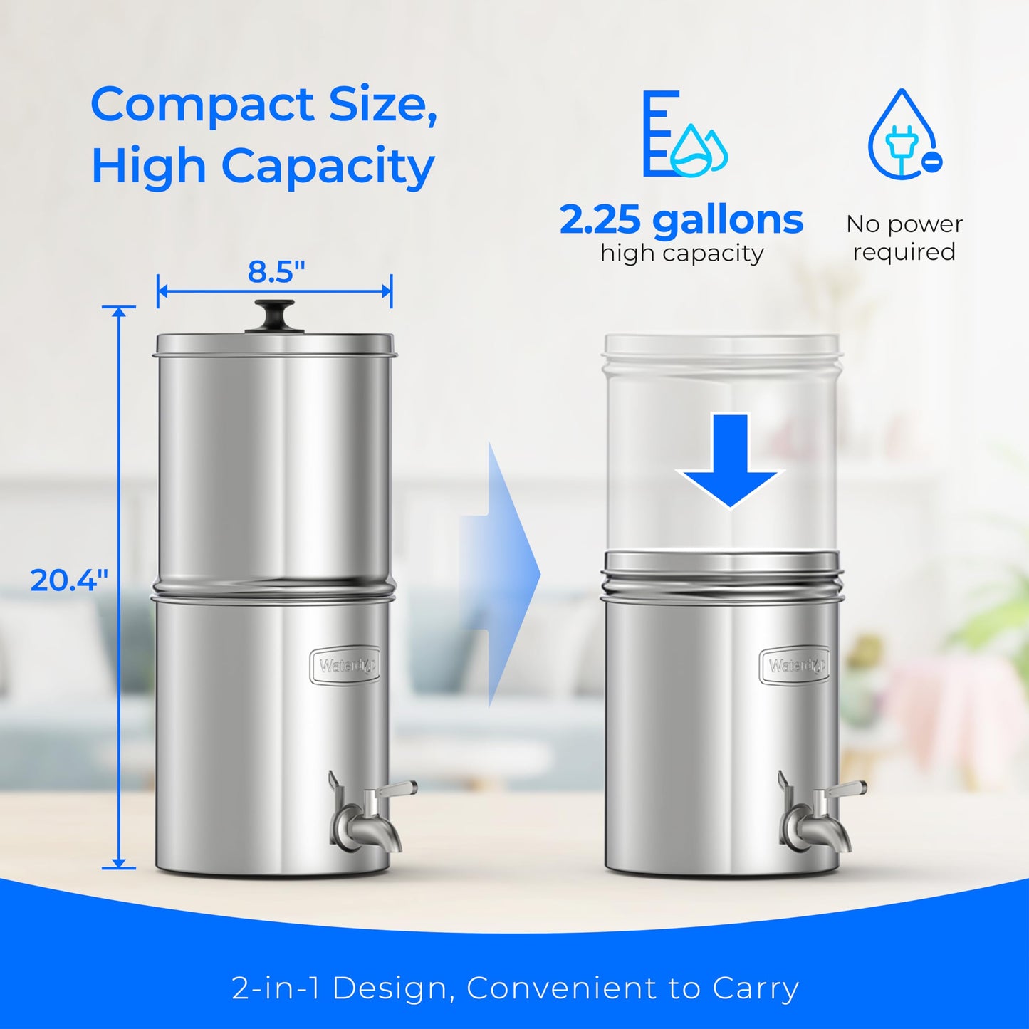 Waterdrop TK-AE Gravity Water Filter System, with 3 Black Carbon Filters and Metal Spigot, 9000 Gallon Longer Lifespan and 150% Faster Flow for Home, Travel, Emergencies, 2.25G