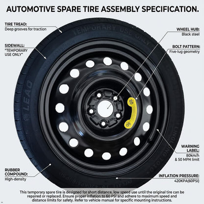 Spare Tire Kit Compatible with 2016-2025 Chevrolet Malibu | 135/70R18 Compact Donut Spare | Complete Roadside Kit Includes Scissor Jack, Lug Wrench & Storage Bag – Fits Under Trunk Floor