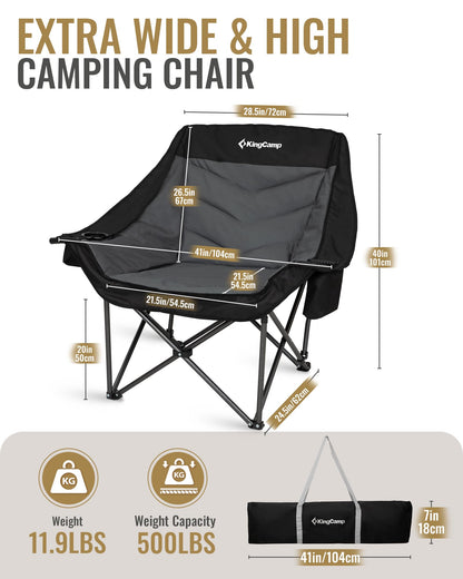 KingCamp Oversized XL Camping Chair, Heavy Duty 500lbs Folding Couch for Adults, Padded Large Comfortable Sofa Seat with Cooler Bag Cup Holder for Outdoor Sports Fishing Patio Lawn, Black/Grey