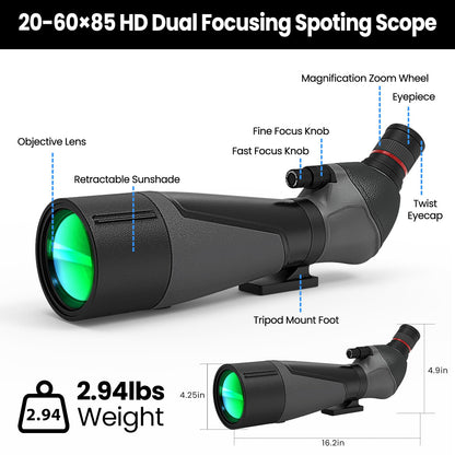 Gosky 20-60x85 Spotting Scope with Full Size Tripod, Phone Adapter and Cleaning Kit, Spotting Scopes for Bird Watching, Wildlife Viewing，Portable with Carrying Bag