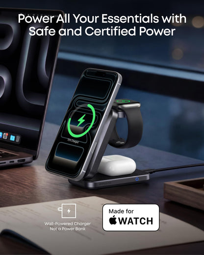 Anker Prime Foldable MagSafe Charger, 25W Qi2.2-Certified Palm-Sized Travel-Ready 3-in-1 Charging Station, AirCool Wireless Charger, for iPhone 17, Apple Watch, AirPods (Non-Battery, with Adapter)