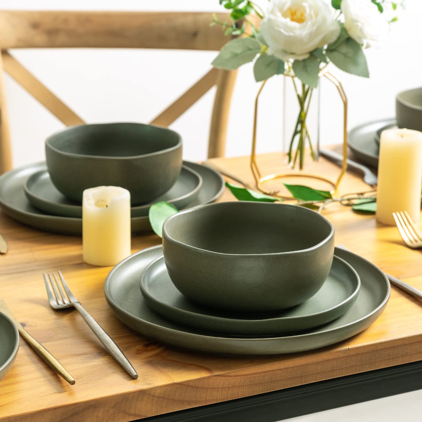 AmorArc Ceramic Dinnerware Sets, Wavy Rim Stoneware Plates and Bowls Sets,Dishwasher & Microwave & Oven Safe Dishes set, Service for 8 (24pc)