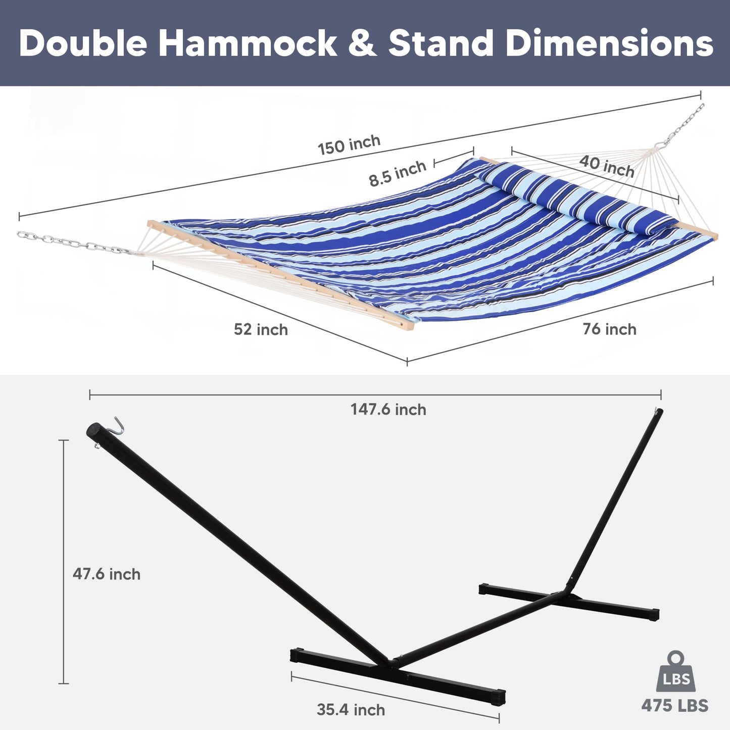 SUNCREAT Hammock Double Hammock with Stand, Carrying Bag, Two Person Cotton Rope Hammock, Blue Stripe