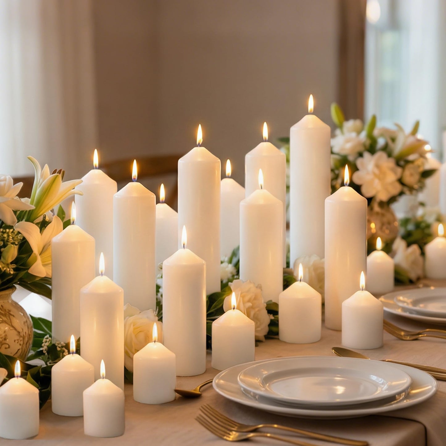 HTTBEIZI Pillar Candles Bulk Set - Unscented, Smokeless, Dripless | 3 Sizes: 2x3, 2x6, 2x8 Inches | Ideal for Weddings, Christmas & Home Decor (36, White)