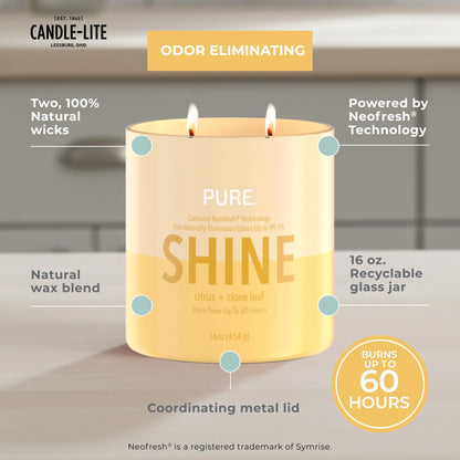 Candle-Lite Pure Citrus & Clove Leaf Odor Eliminating Scented Candles, Neofresh Technology Eliminates 99.9% of Odors, 16 oz 2-Wick Jar, Proudly Poured in The USA, Up to 60 Hours Burn Time