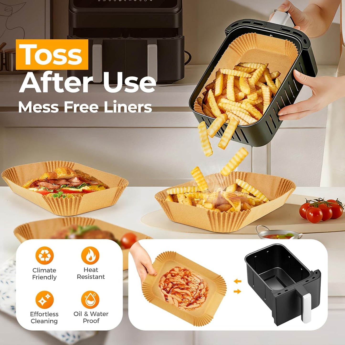 Vailnd Air Fryer Liners - Disposable Parchment Paper for Dual Baskets | 200 Pcs, Oil Proof (8.6x5.5 Inch)