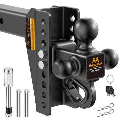 Mmtowus Adjustable Trailer Hitch - Drop Hitch -Tri Ball Mount w/Hook (1-7/8'', 2''&2-5/16''), Fits 2.5-Inch Receiver, 8'' Drop/Rise 15,000 LBS GTW Tow Hitch, 3 Ball Hitches for Trucks, RV, Camper etc