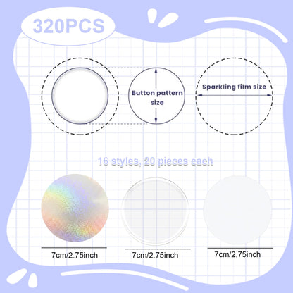 320Pcs Badge Protective Film, Button Maker Accessories Kit with Iridescent Film, 14 Styles Decorative Film, 1 Style Clear & 1 Style Printable Paper Inserts for 2.25 Inch (58mm) Badges