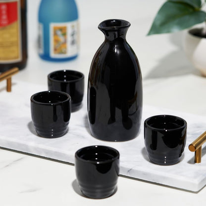 True Moga Sake Set, Pitcher and tumbler set for Sake, Japanese Style Sake Stoneware, Four 3.5 oz Cups and one 8 oz. Carafe, Fire glazed Porcelain, Set of 5, Black
