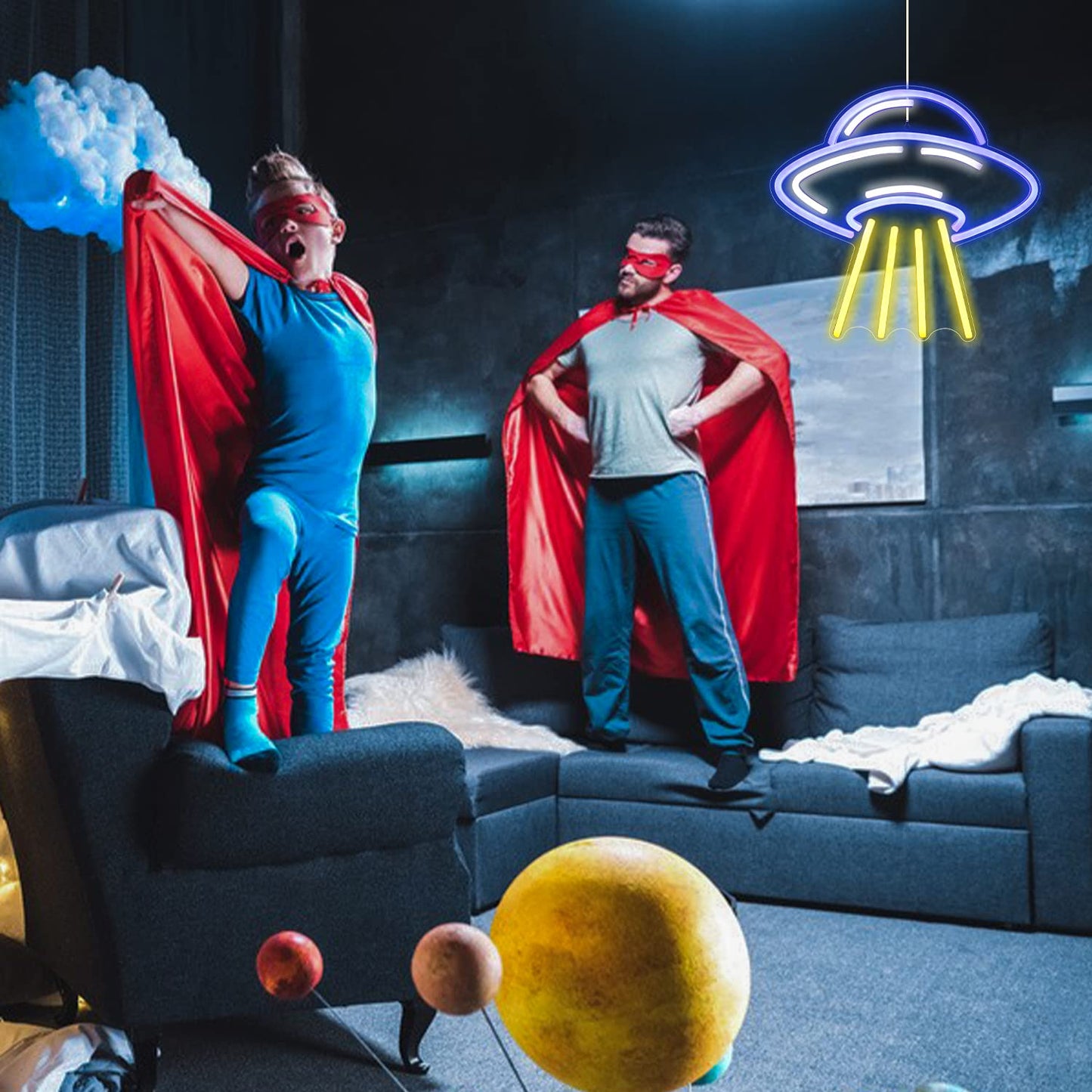 LUCUNSTAR UFO Neon Sign For Room,Alien Spaceship Dimmable LED Neon Light, Space Neon Signs for Wall Decor, Blue UFO Neon Light up Sign for Bedroom Game Room Wall Decor,Ufo Lovers