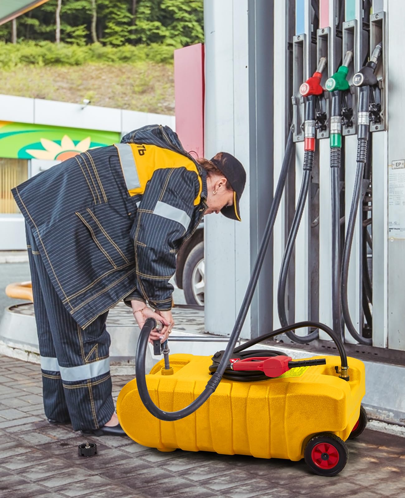 15 Gallon Portable Fuel Tank Caddy with Manual Transfer Pump – Heavy-Duty Gas Storage Toolbox – 10FT Hose – Leak-Proof, Mobile Fuel Container for Cars, Boats, Lawn Mowers, ATVs – Yellow