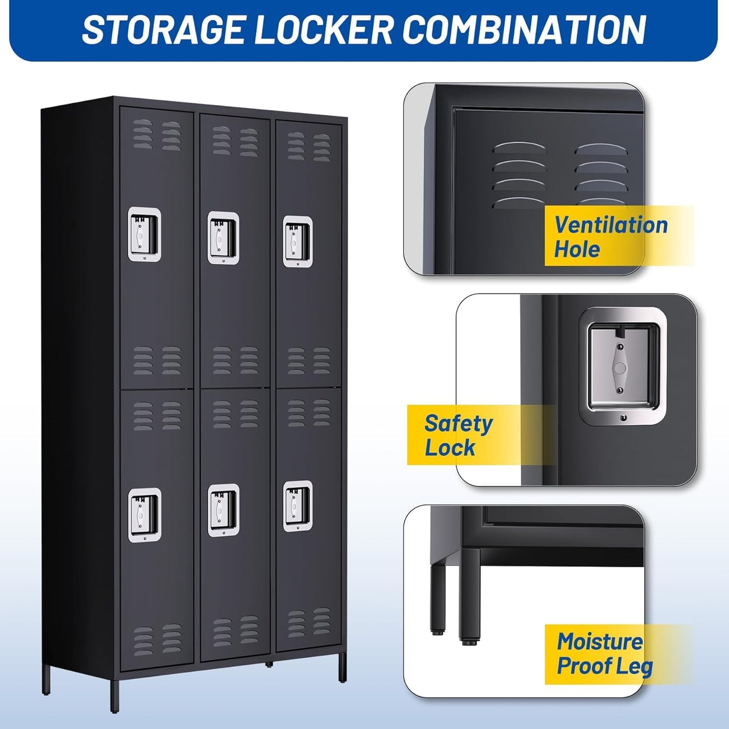 Towallmark Metal Storage Locker with 6 Doors, Metal Locker for Employees with 18 Hooks for Garage School Office Gym Home, Assembly Required, Black