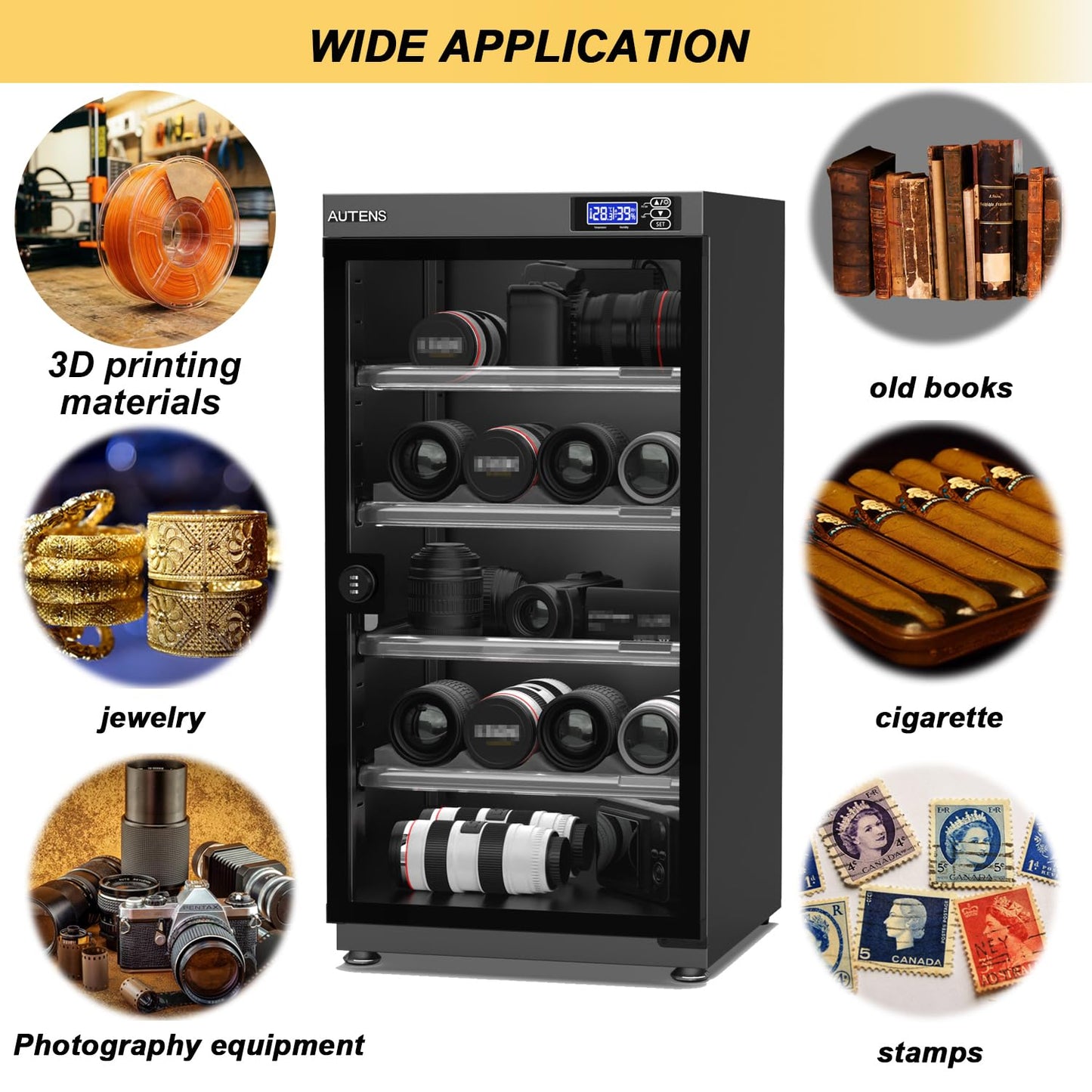 AUTENS Dehumidifying Dry Cabinet Box with Combination Lock,Digital Control Noiseless and Energy Saving,for Camera Lens,Electronic Equipment,Collectibles Storage,Temperature Humidity LED Screen (100L)