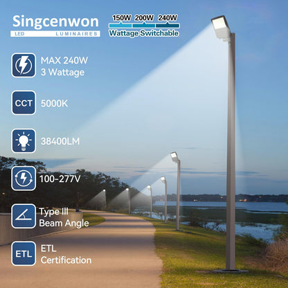 240W LED Parking Lot Light 3Pack: 150/200/240W Selectable, 38400LM 5000K LED Shoebox Light with Arm Mount, LED Flood Lights Commercial Area Lighting for Yard Driveway Stadium Roadways, 100-277VAC ETL