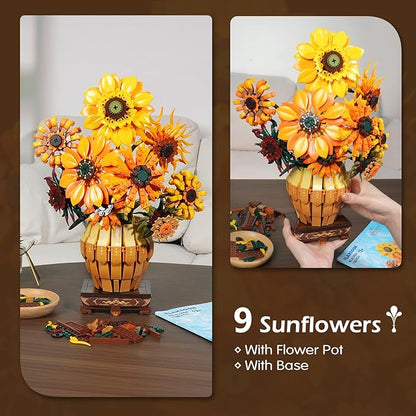 Sunflower Building Set with Lights Vase Base Flowers Botanical Collection Building Block Valentine's Day 1180PCS Art Bouquet Bonsai Plant Building Kit Gift for Adults Teens Girls Boys 12+
